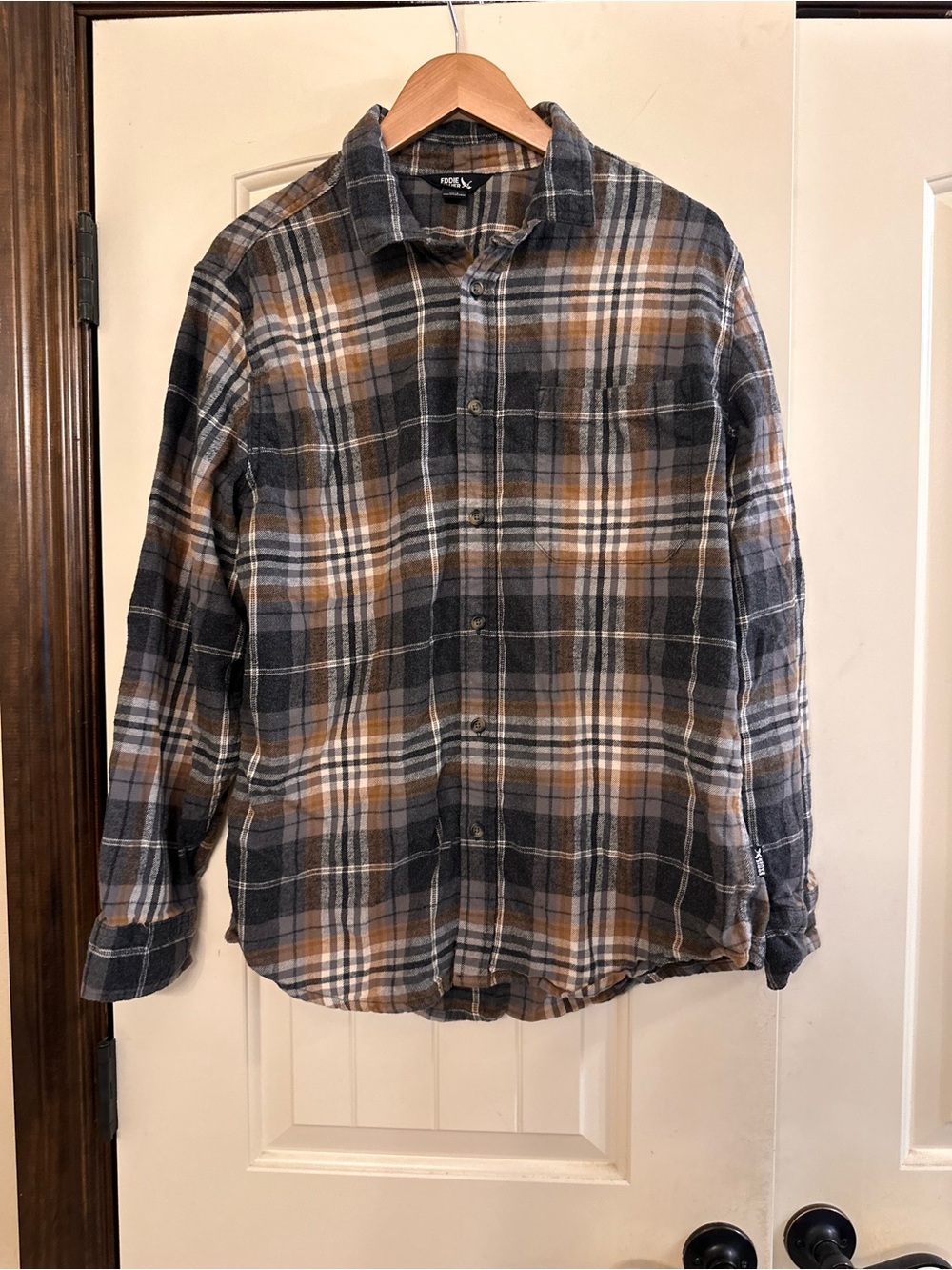 Eddie Bauer Gray and Brown Plaid Button-Down Shirt